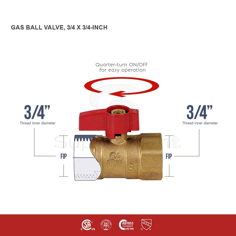 SUPPLYGIANT SUPPLY GIANT GUHW-56G56G Gas Ball Valve with 3/4'' FIP x 3/4'' FIP Fittings for Gas Connectors with Quarter-Turn Lever Handle, Brass Construction, Excellent Corrosion Resistance, CSA Approved - Image 4